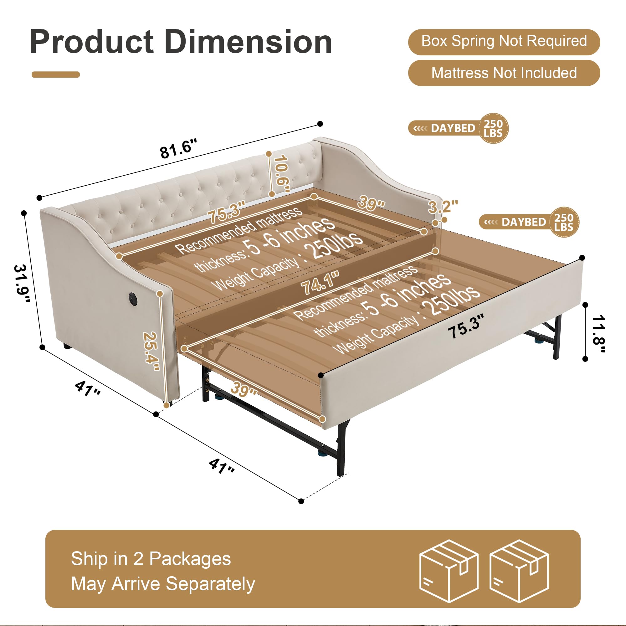 Velvet Daybed with Pop-Up Trundle & USB Ports – Twin