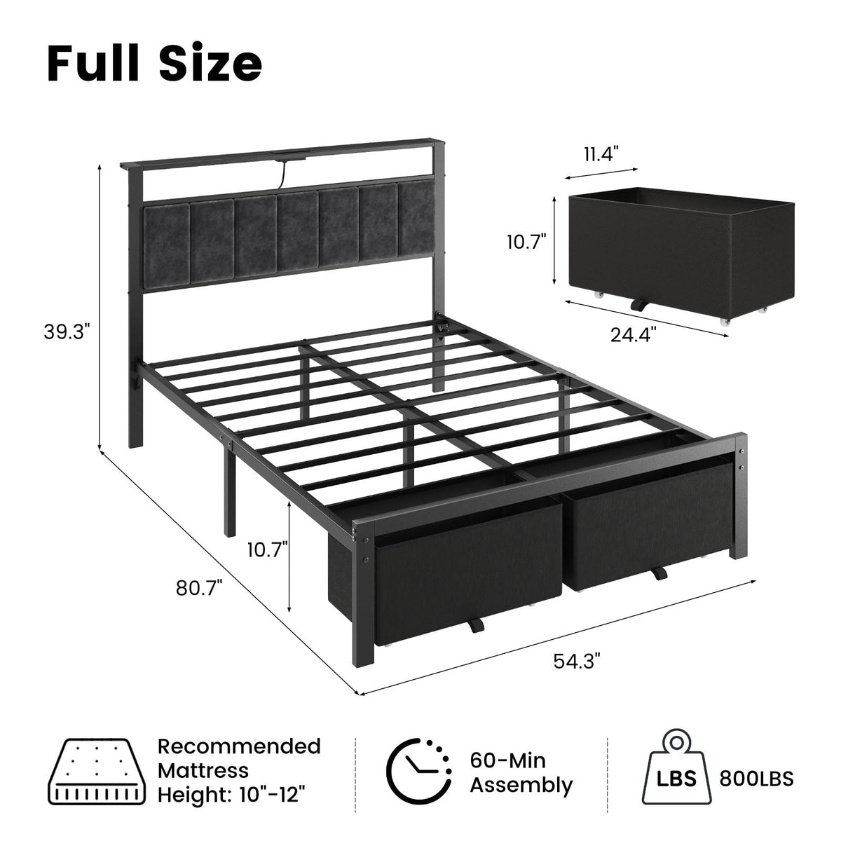 Kbun Full Size Bed Frame with Upholstered Headboard and 2 Storage Drawers