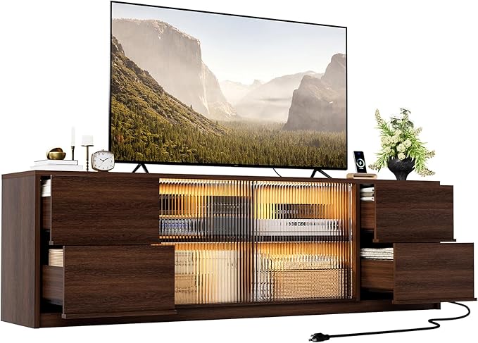 67" TV Stand with LED Lighting & Charging Station