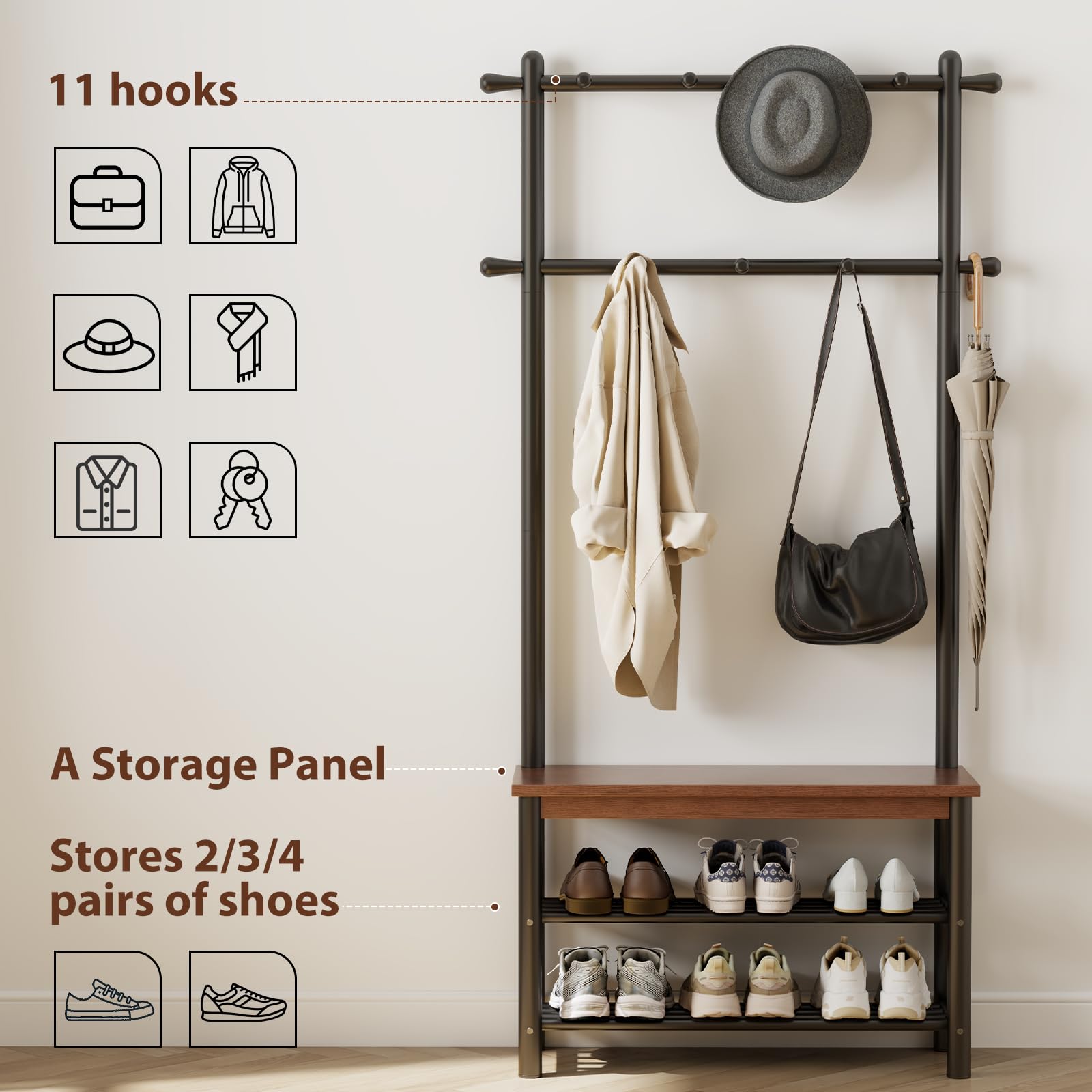 3-in-1 Entryway Hall Tree with Bench & Coat Rack