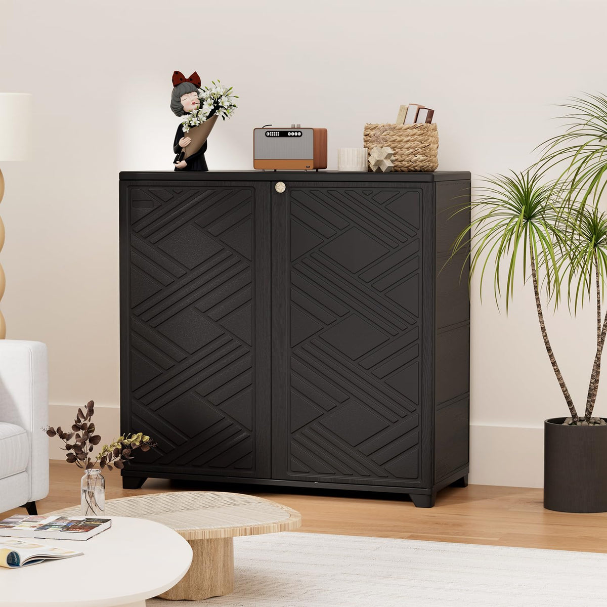 HOMSPARK Indoor/Outdoor Storage Cabinet with Doors and 2 Metal Shelves, 34”x15”x34” HDPE Plastic Storage Box for Patio, Garden, Enterway, Balcony, Multi-Purpose for Daily Tools, Black