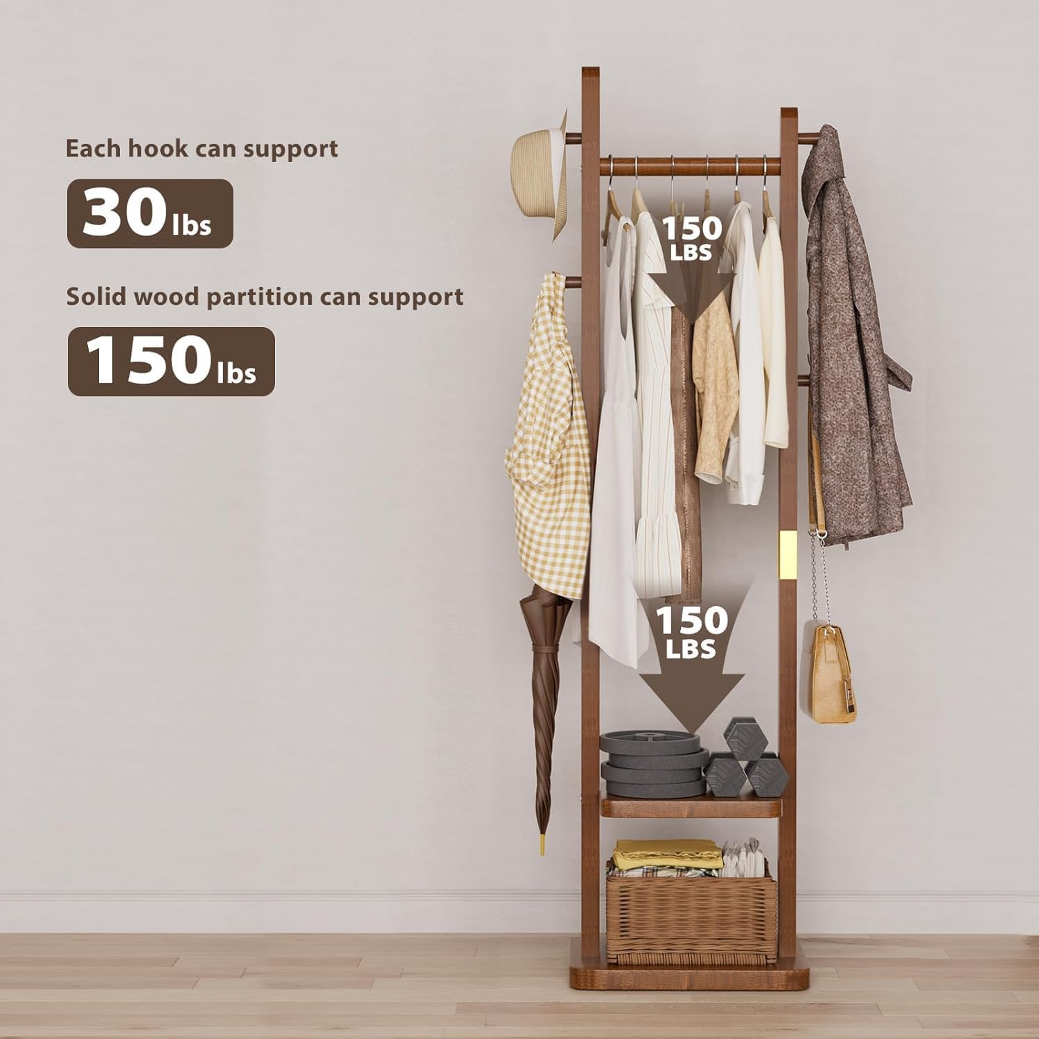 Solid Wood Coat Rack with 2 Shelves & 5 Hooks