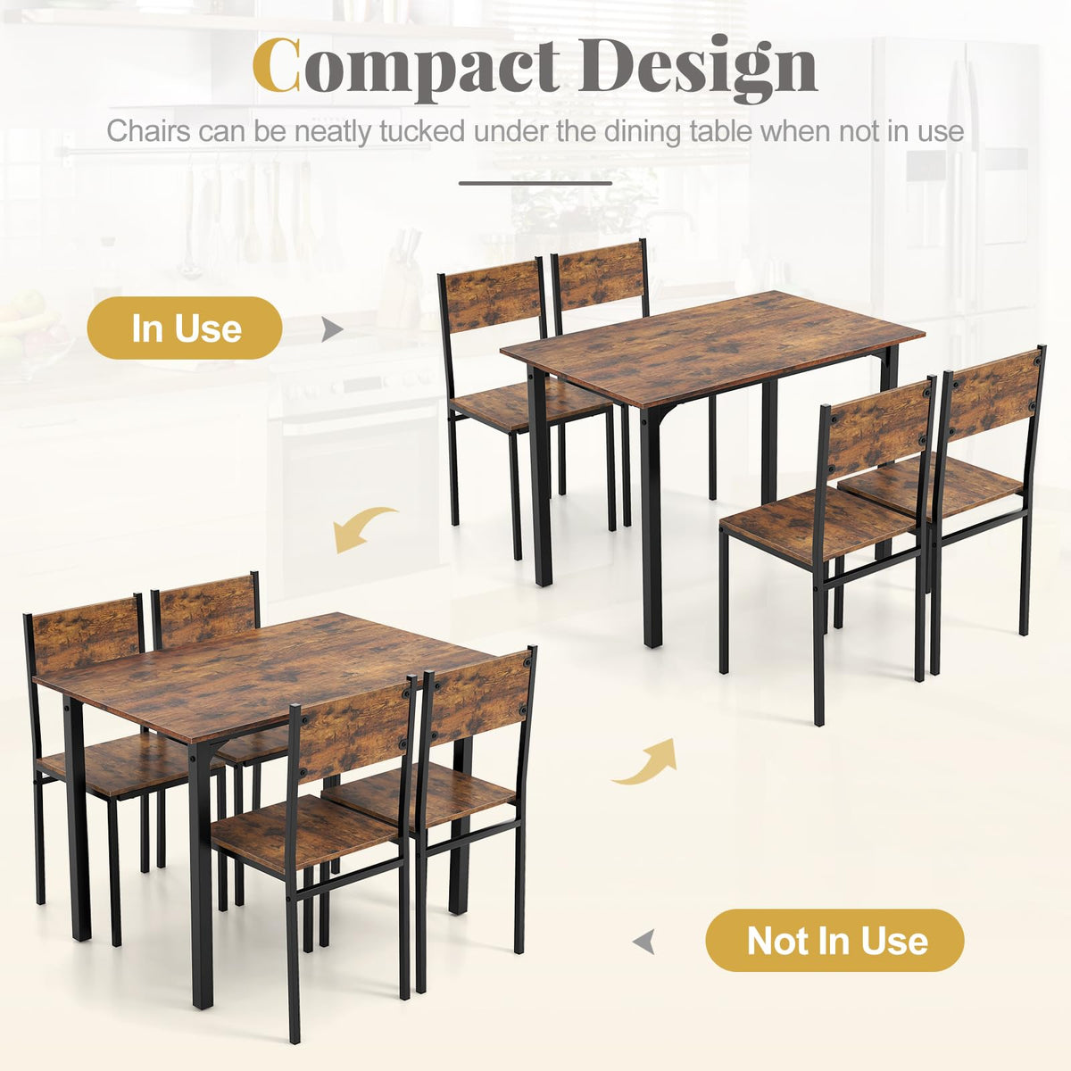 GIANTEX Dining Table Set for 4, 5-Piece Modern Kitchen Table and Chairs with Metal Frame & Adjustable Foot Pads, Space Saving Wood Dinette Set for Small Space, Breakfast Nook, Apartment (Brown)