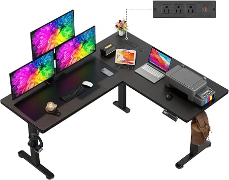 L-Shaped Electric Standing Desk 63" x 55" with Outlets & Mouse Pad