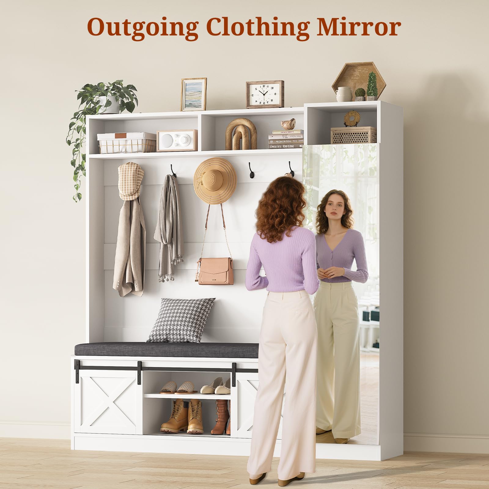 60IN Hall Tree with Bench, Shoe Storage & Mirror