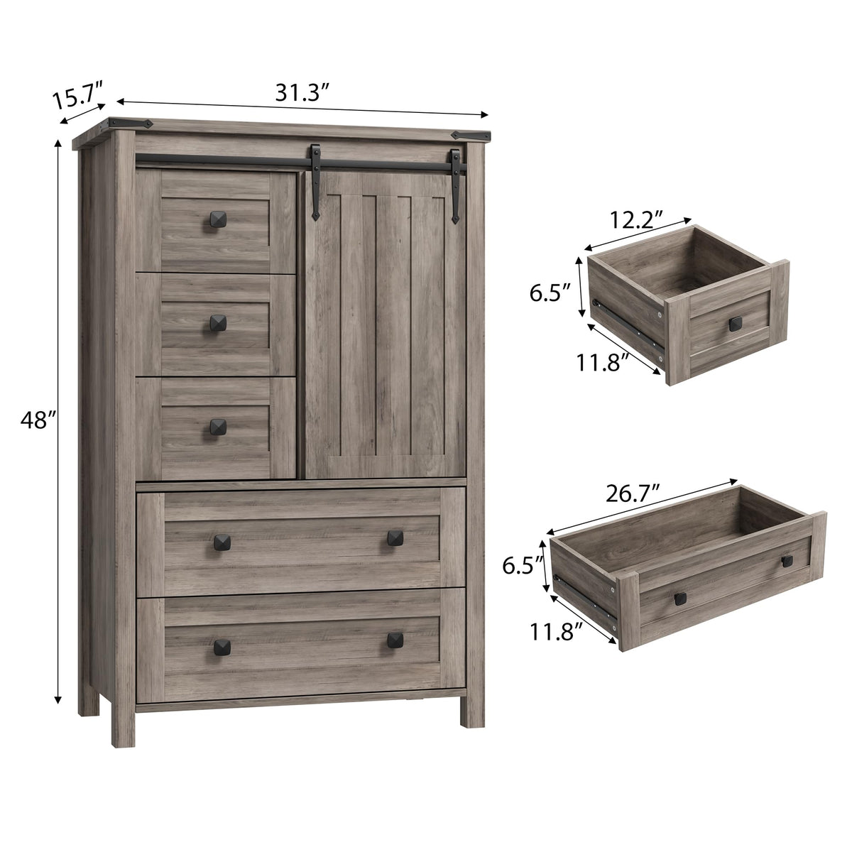 GarveeHome 48" Tall 5 Drawer Dressers with Sliding Barn Door, Grey