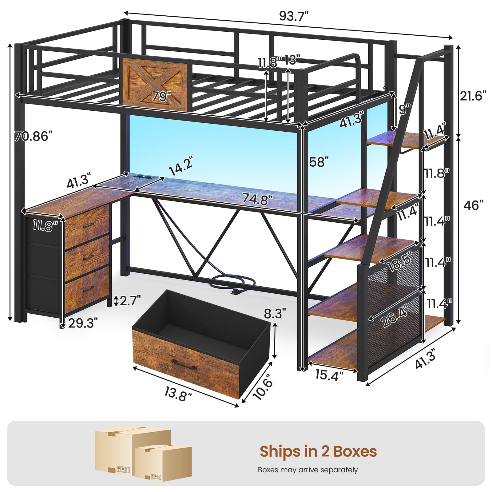 Loft Bed with L-Shaped Desk, Wardrobe & Storage Stairs