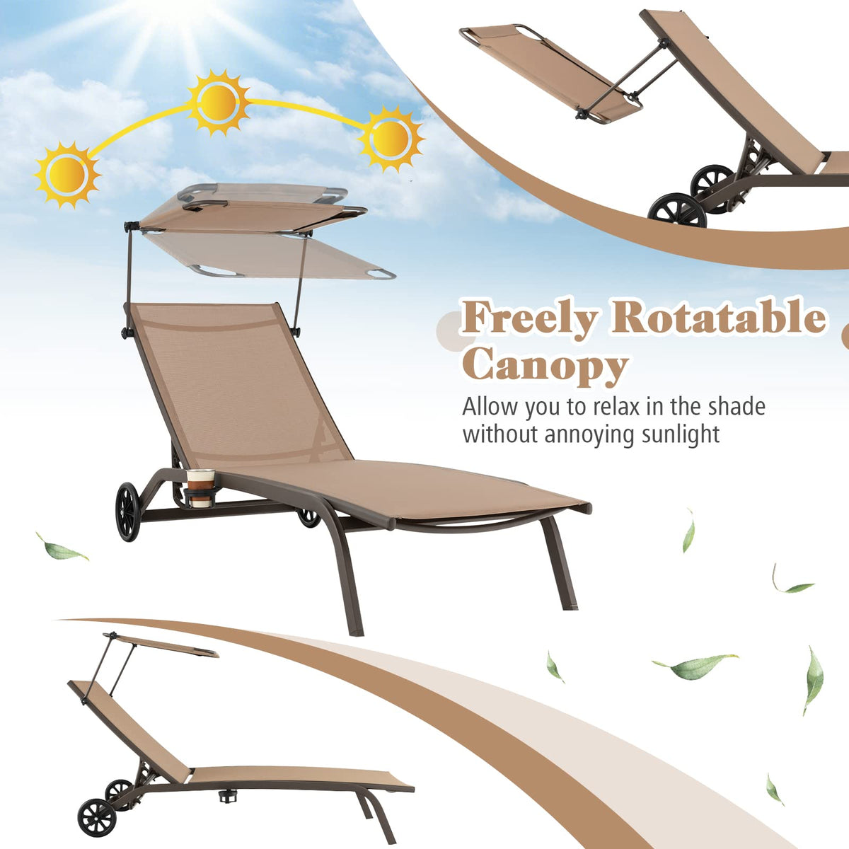 Tangkula Patio Chaise Lounge Chair, Outdoor Recliner with Wheels, Adjustable Canopy & Cupholder, 6-Level Backrest, Heavy-Duty Metal Reclining Lounger for Poolside, Backyard (1, Brown)