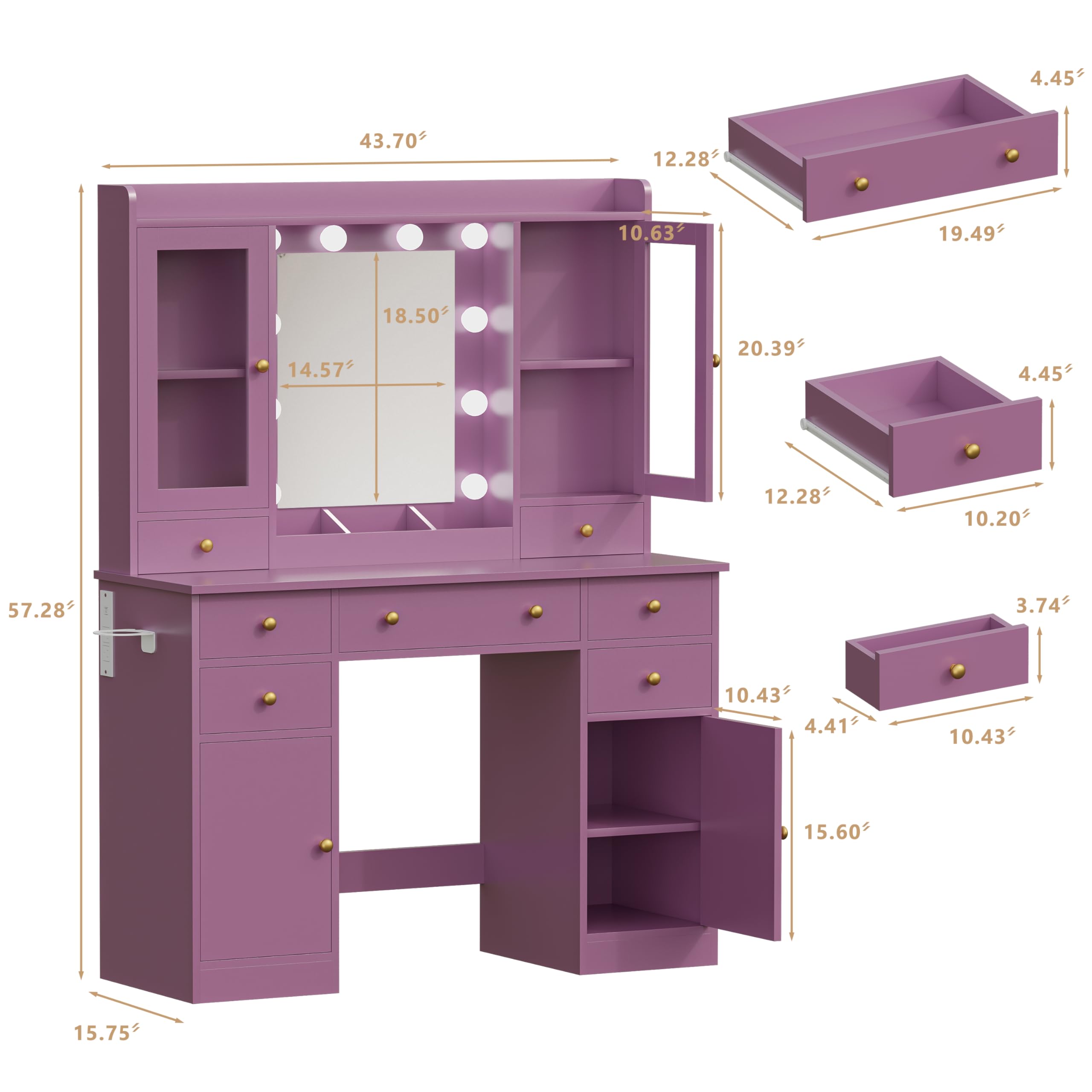 HUANLEGO Vanity Desk with Mirror and Lights, Purple Makeup Vanity Mirror with Lights & Power Outlet and 7 Drawers, 2 Cabinet, 3 Color Modes Adjustable, Dressing Table Set for Girls Women