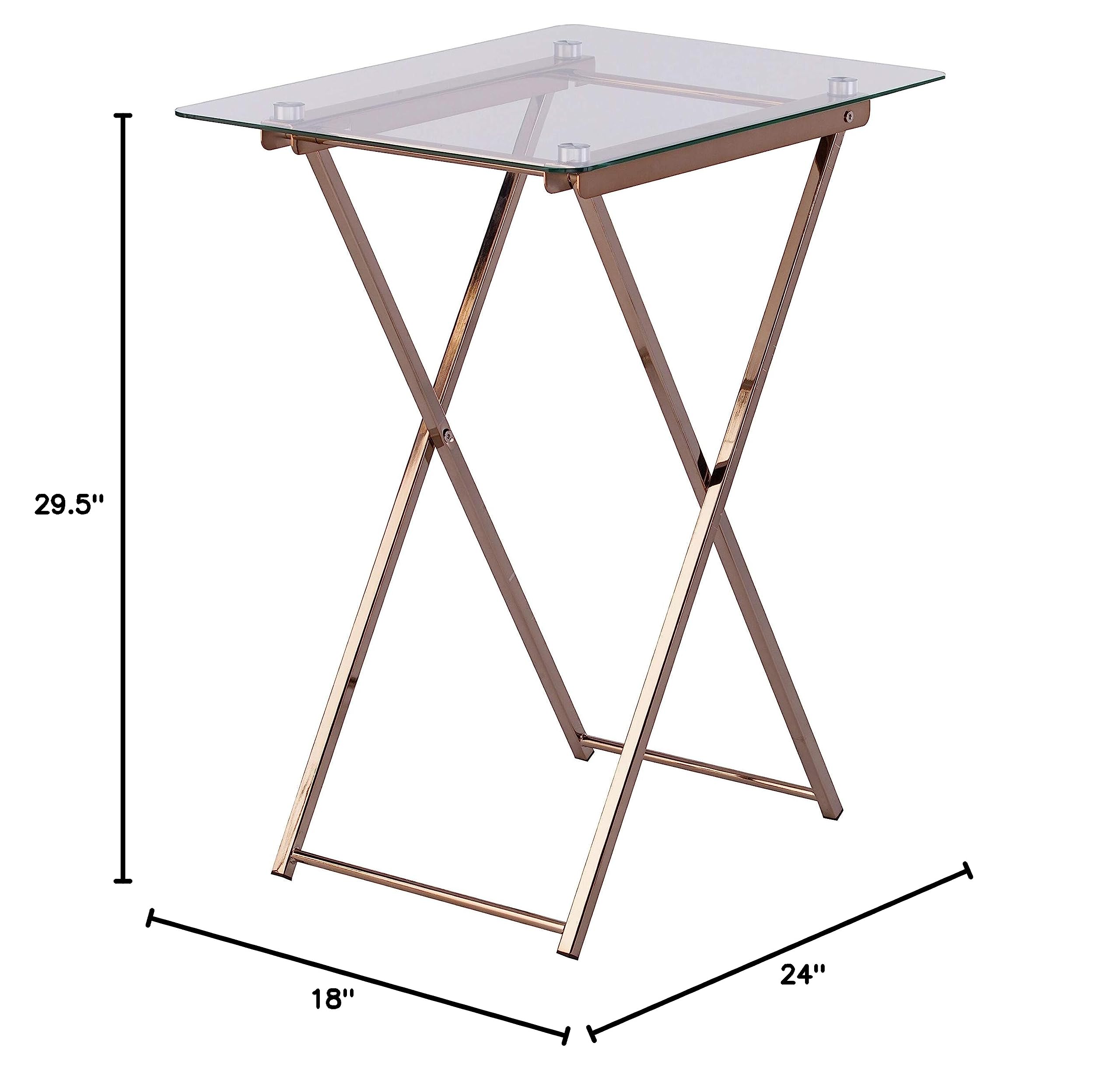 Folding Tray Table Gold Glam Rectangle Glass Iron Metal Champagne Finish Goldtone Metallic Includes Hardware Shelf Storage