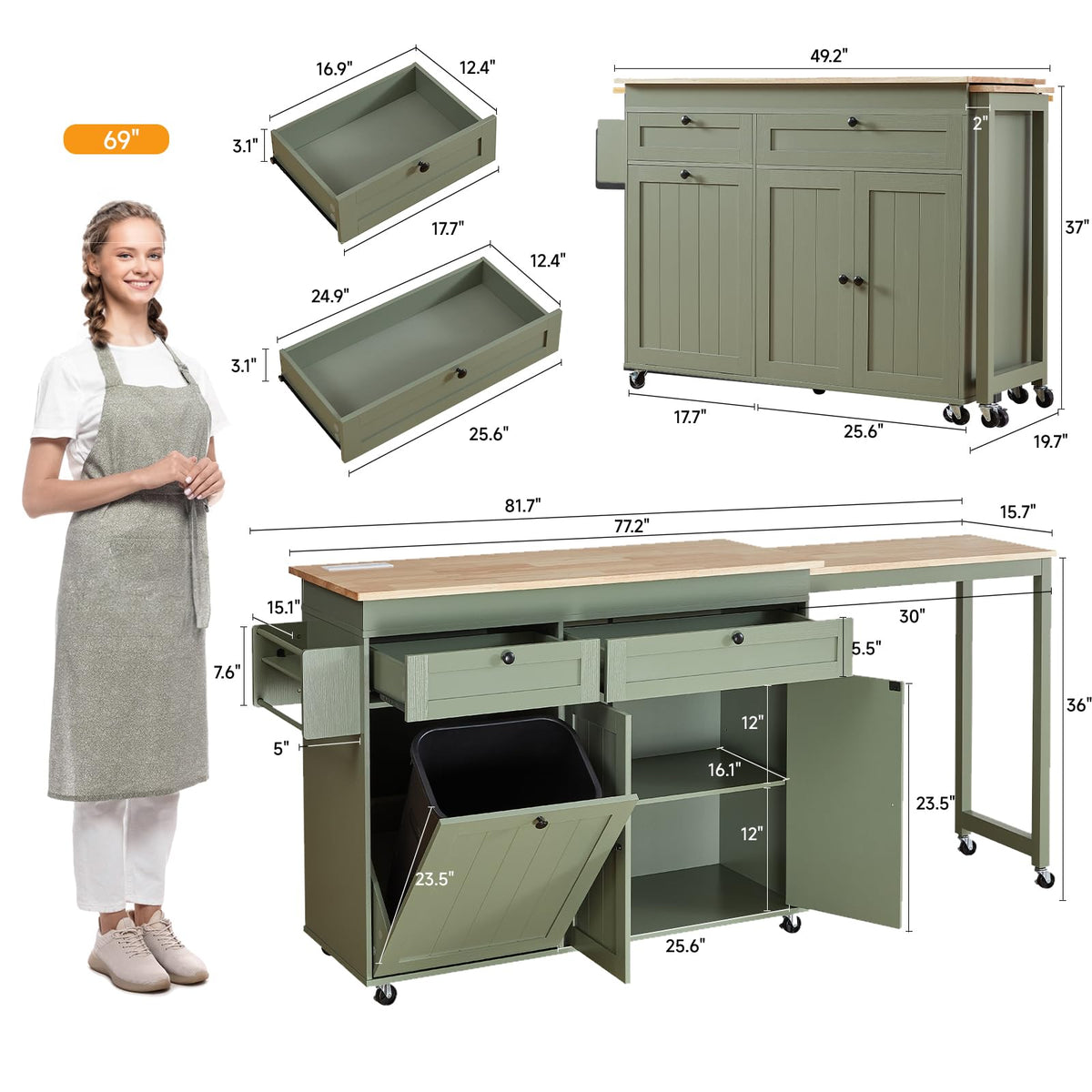 Kitchen Islands with Extendable Dining Table, Mobile Storage Islands, Green