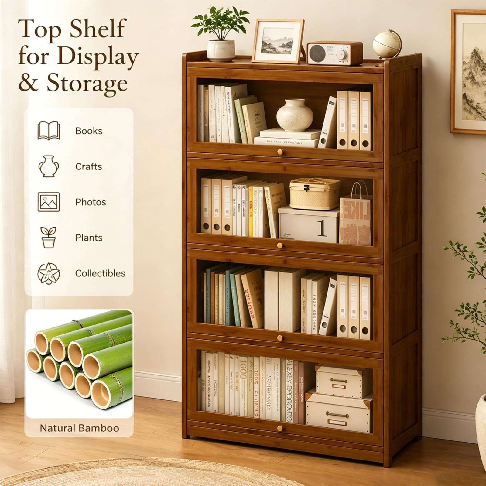 55" Bamboo Bookcases,Book Shelfs with Acrylic Doors,Freestanding Display Storage Shelves for Collectibles,4 Tier Tall Bookshelfs & Bookcases for Living Room Bedroom Home Office