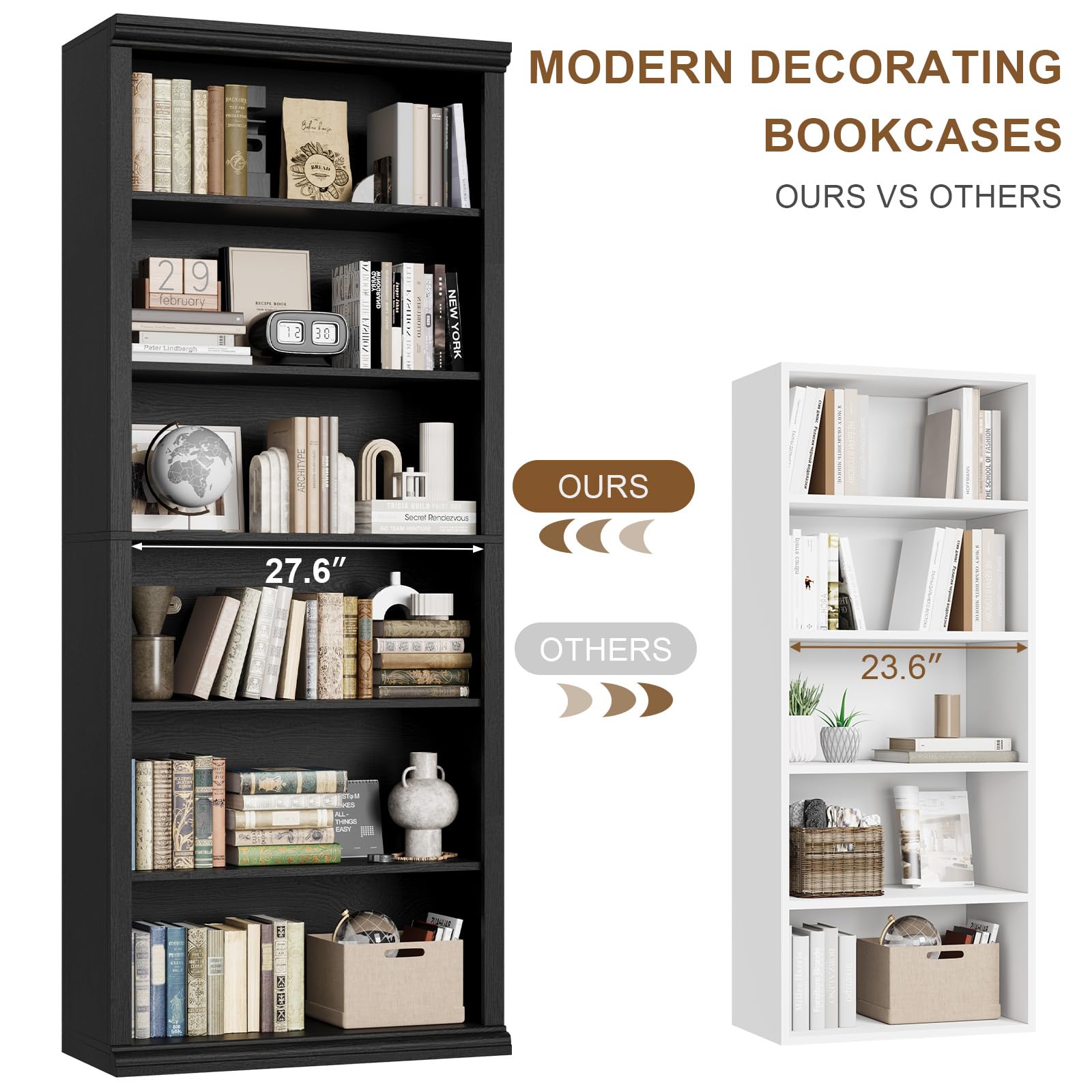 Rresyet Bookcase and Bookshelves, 28" W Tall Bookshelf with Elegant Design, 6 Tiers Spacious Book Storage, Freestanding Book Organizer, Display Library Shelf for Home Office, Living Room & Study Room