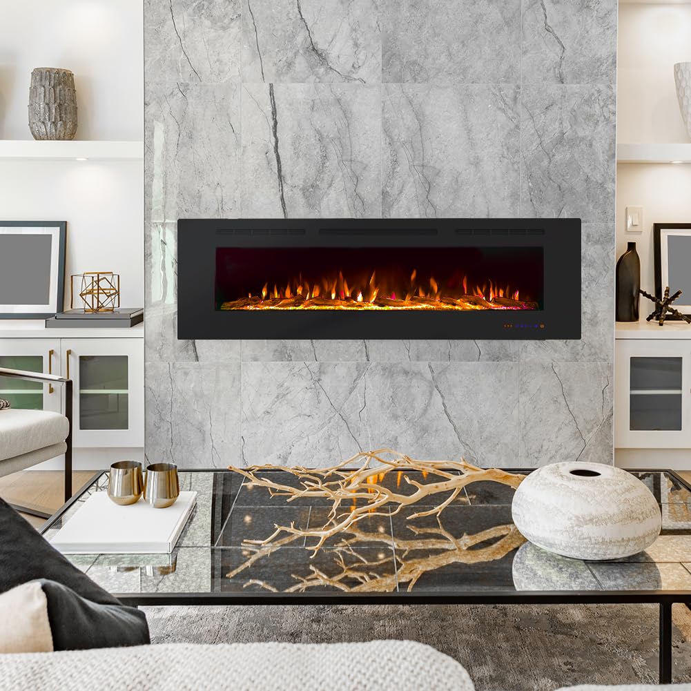 Masarflame 72 Inch WiFi Smart Electric Fireplace, Recessed and Wall Mount Fireplace Heater with 13 Flame &3 Top Light, Remote Control Fireplace with Timer &Thermostat, Black, Ventless, Work with Alex
