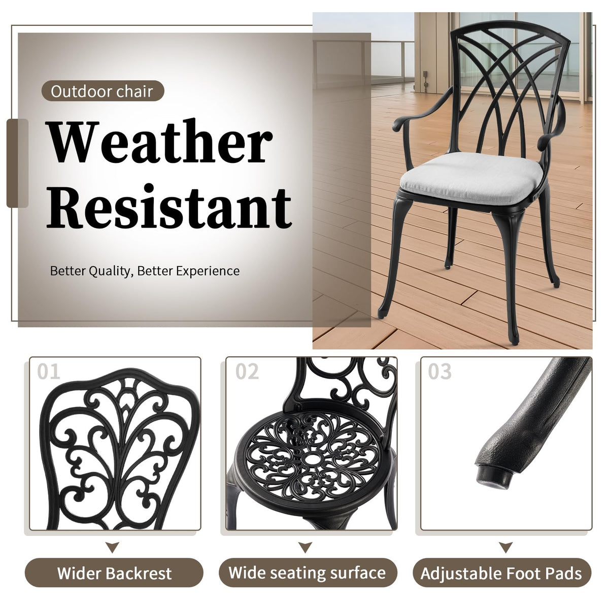 Withniture Patio Bistro Sets Cast Aluminum Bistro Table and Chairs Set of 2 with Umbrella Hole,Outdoor Bistro Set with Cushion for Yard (BLACK1)
