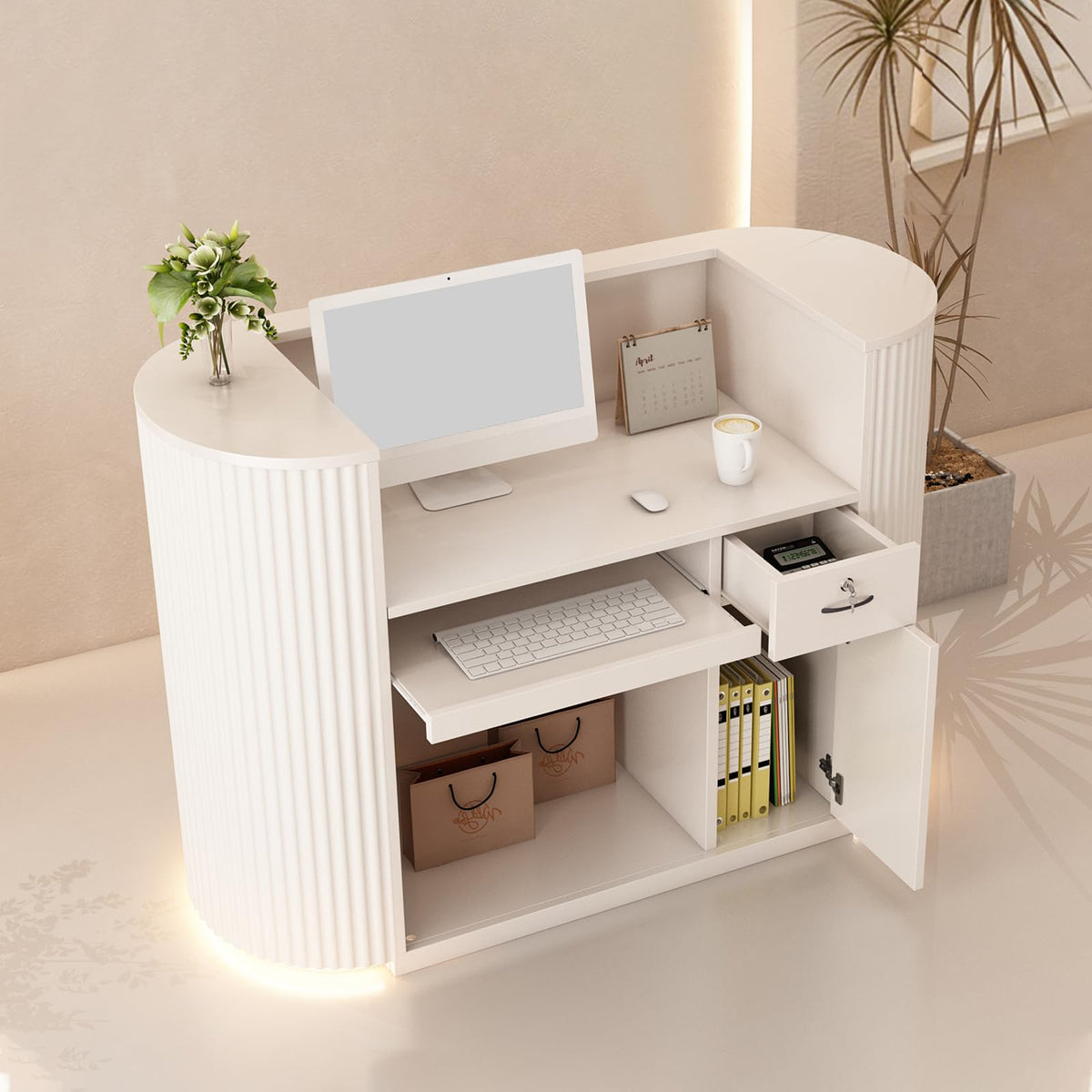 47" Modern Reception Desk with LED Lights, Power Outlet & Storage Cabinet