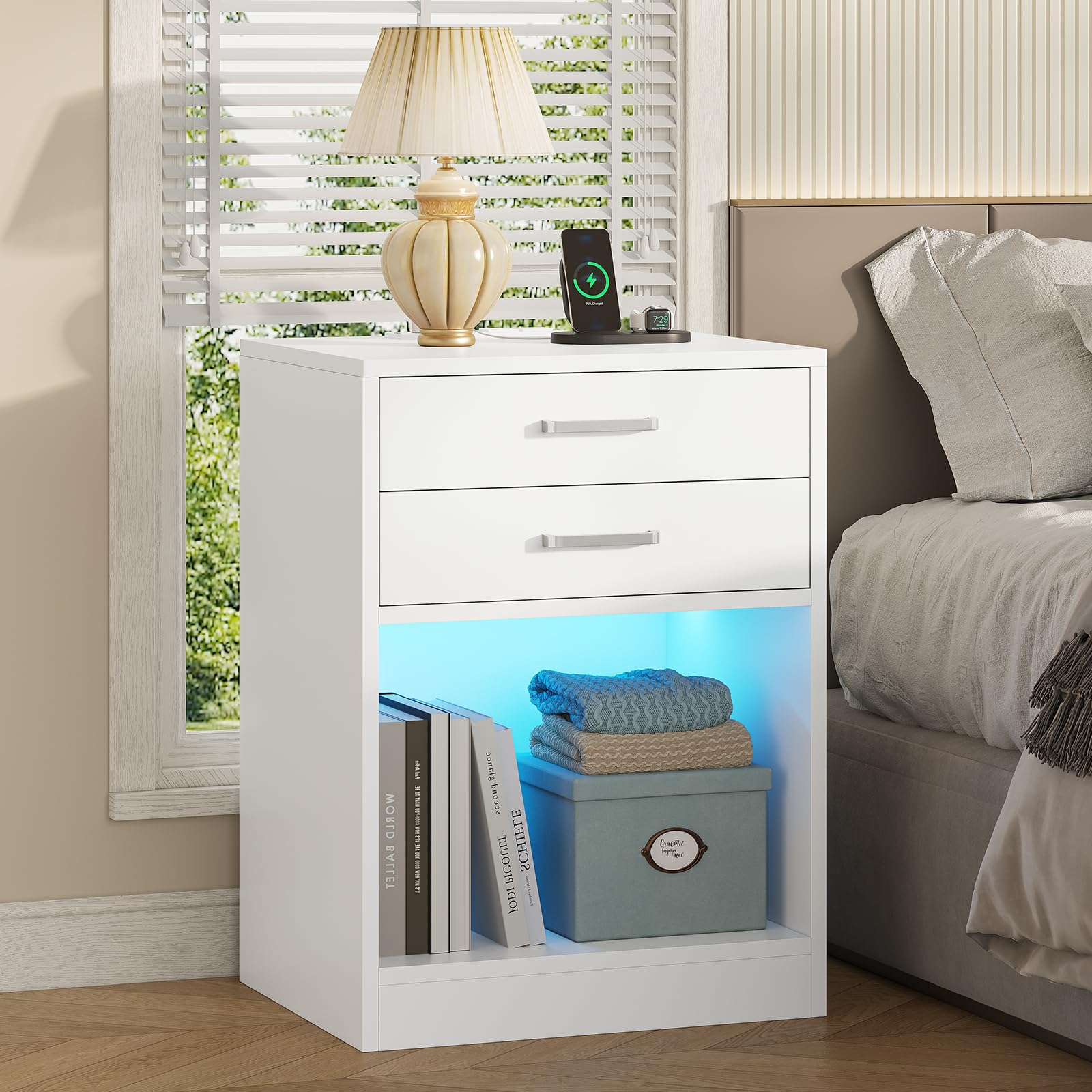 ADORNEVE LED Nightstands Set of 2,Night Stands for Bedrooms Set of 2,Nightstand with Charging Station and LED Lights,White Bedside Table with Power Outlets & Drawers,Modern End Side Table