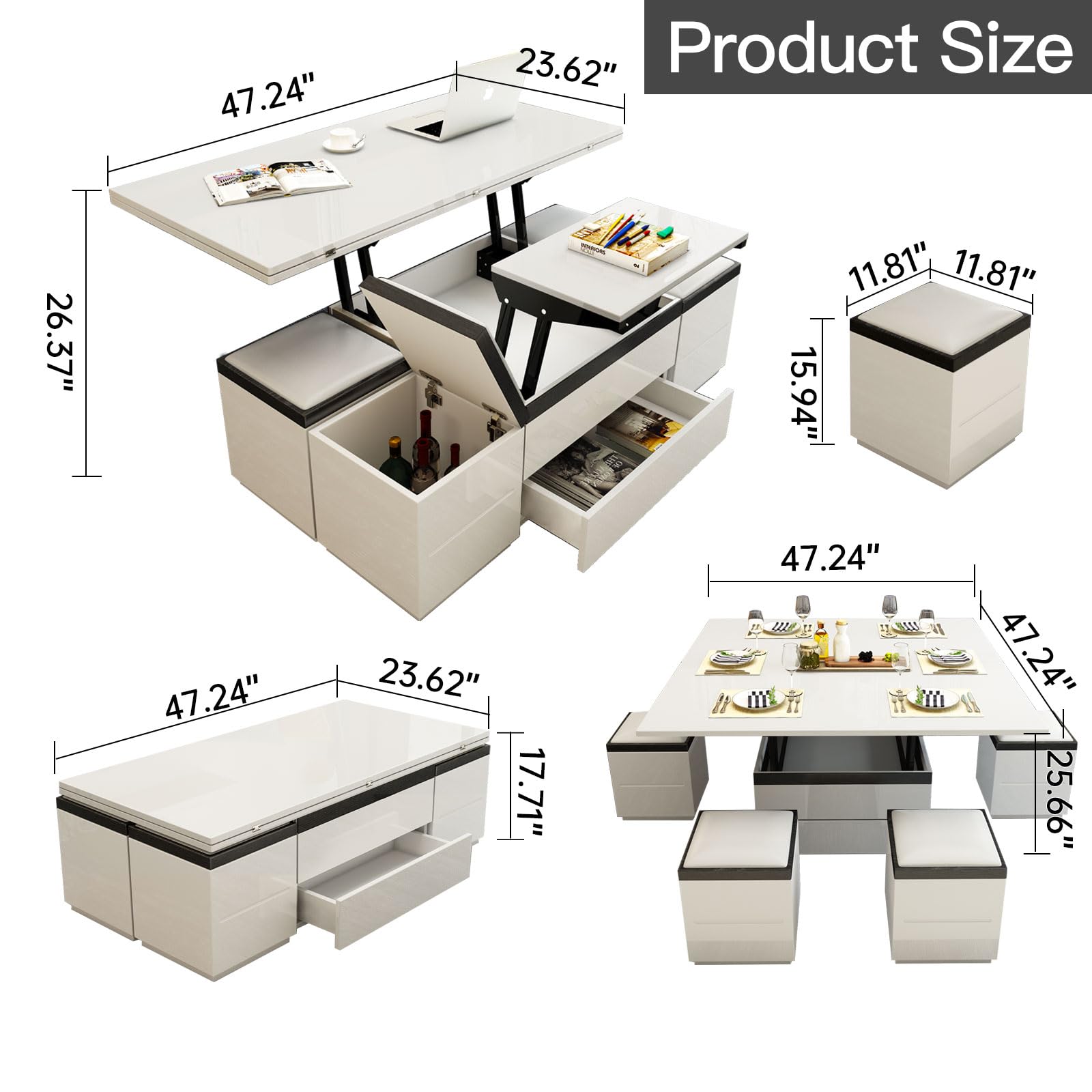 Guyii 47" Lift Up Coffee Table with Storage Stools White Cofee Tables 3 in 1 Living Room Table with Wheels for Living Room Apartment Saving Space