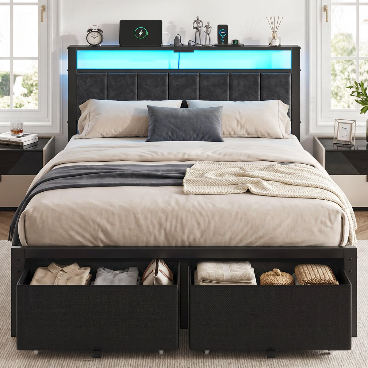 Kbun Full Size Bed Frame with Upholstered Headboard and 2 Storage Drawers