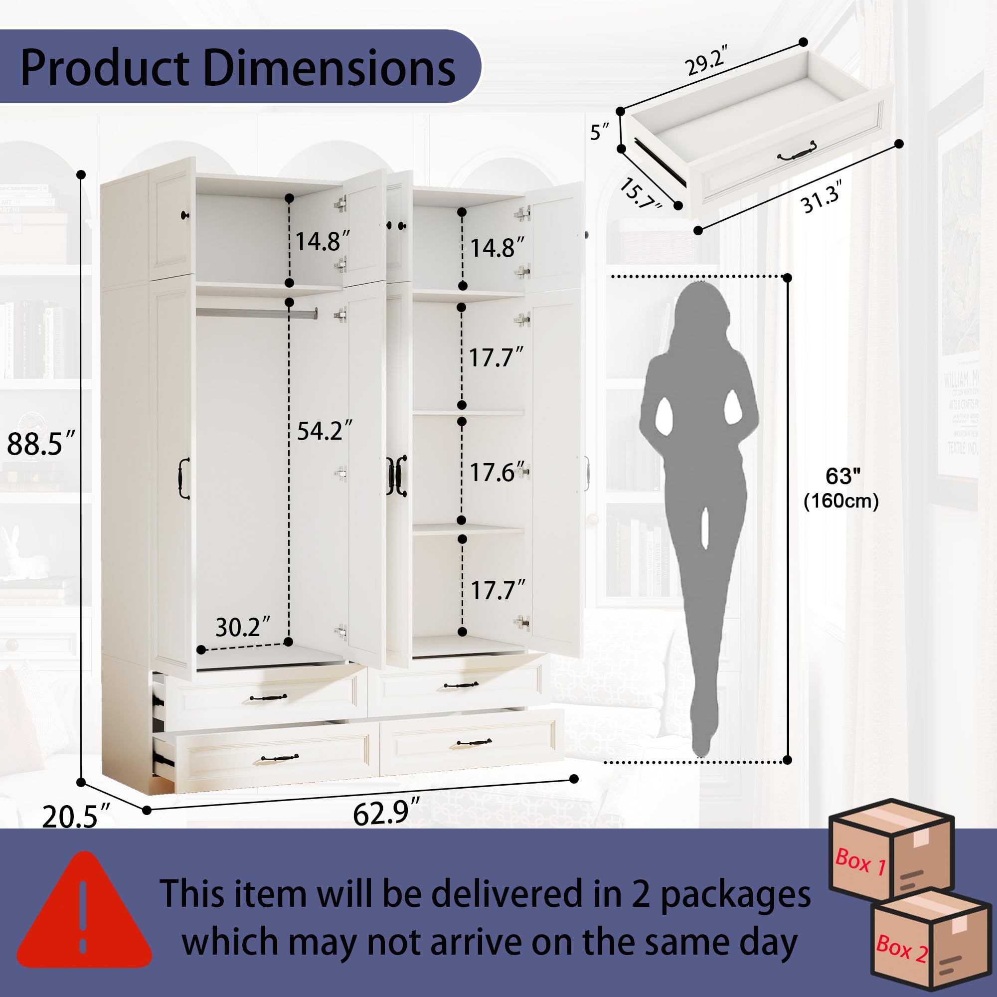 Tall Armoire Wardrobe Closet with 4 Drawers & Top Cabinet
