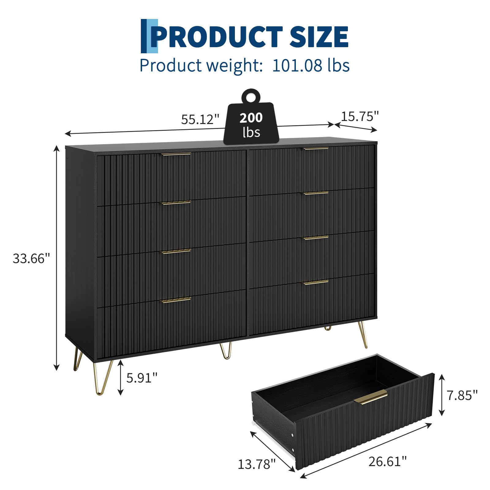 GAOMON Modern Fluted 8-Drawer Dresser - 55" Wide Wood Chest with Metal Handles - Multi-Use Bedroom Clothes Storage Cabinet & TV Stand - Contemporary Furniture, Black