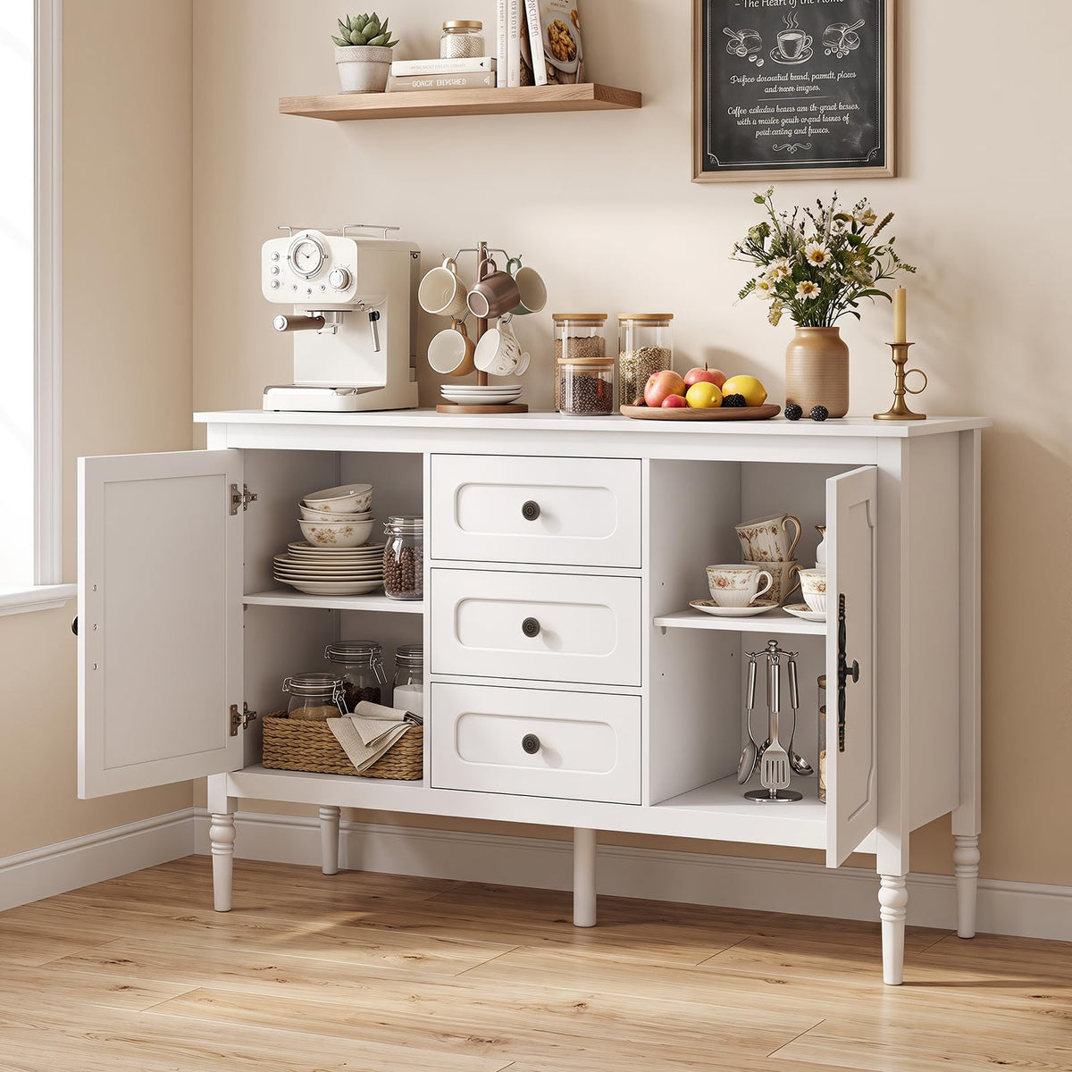 SILKYDRY Buffet Cabinet, 47" Vintage Sideboard w/Adjustable Shelves(White)