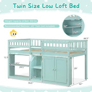 Giantex Low Loft Bed Twin Size with LED Lights, Wooden Bed Frame w/Stairs, Safety Guardrails, Storage Cabinet, Bookshelf & Under-Bed Play Space, Modern Kids Loft Bed for Boys Girls (Mint Green)