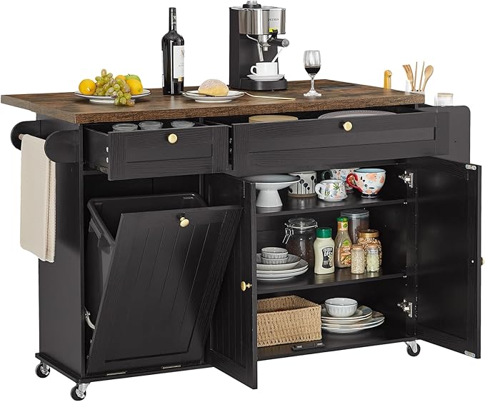 60" Rolling Kitchen Island with Power Outlet & Drop Leaf