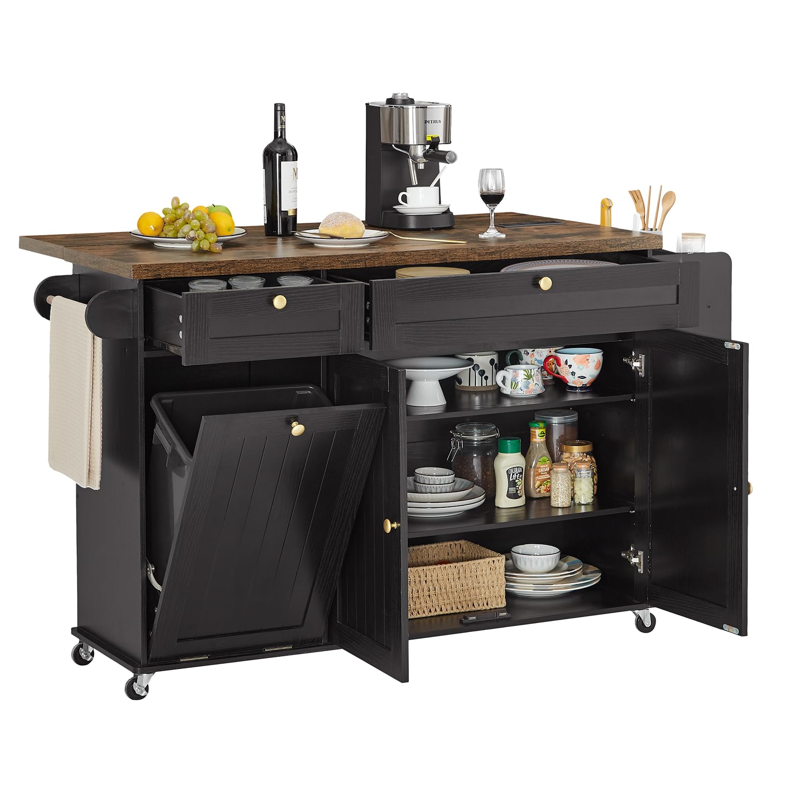 Kitchen Island Cart with Power Outlet & Drop Leaf