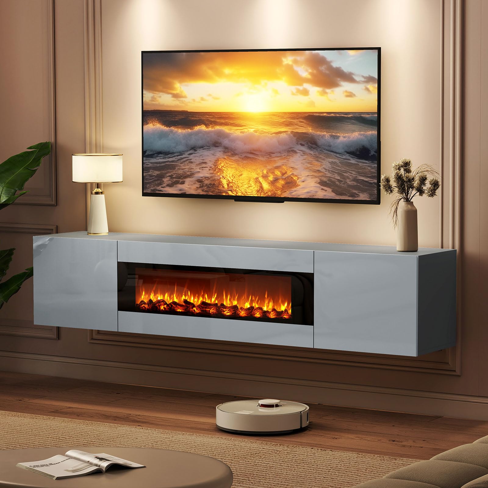 BREEZEHEAT 70'' Floating TV Stand with Fireplace, Modern Wall Mounted Entertainment Center for TVs Up to 80", High Gloss Media Console for Living Room, Decorative Faux Fireplace, Remote Control, Grey