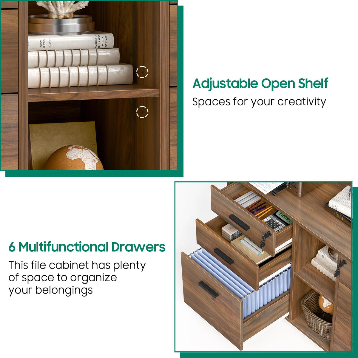 Mobile Lateral File Cabinet with Lock, Rolling Filing Cabinet, Brown