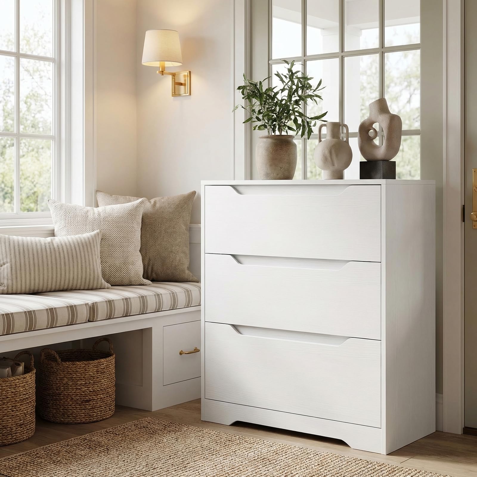 HOSTACK Modern 3 Drawer Dresser, Wood Chest of Drawers with Storage, Tall Nightstand with Cut-Out Handles, Side End Table, Accent Storage Cabinet for Living Room, Entryway, White