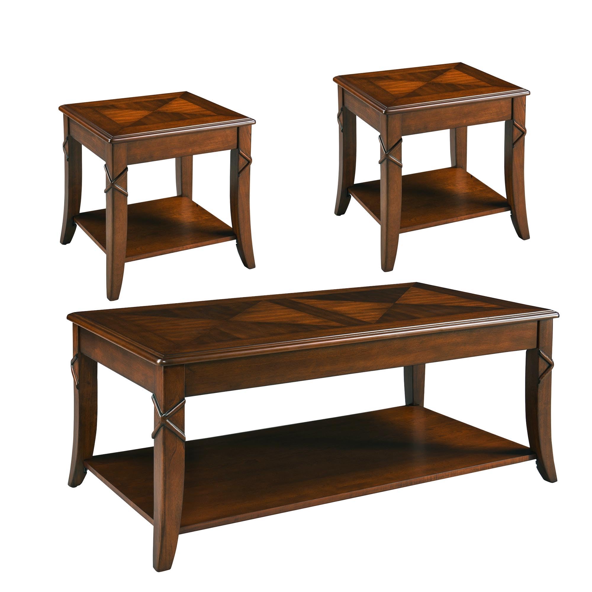 Living Room Tables Set of 3- One Coffee Table and Two End Table with Carved Tabletop and Leg, Mid-Century Sofa Beside Table and Center Table with Carved Legs, Easy Assembly, Cherry Brown KFZ-CJZ-DR200