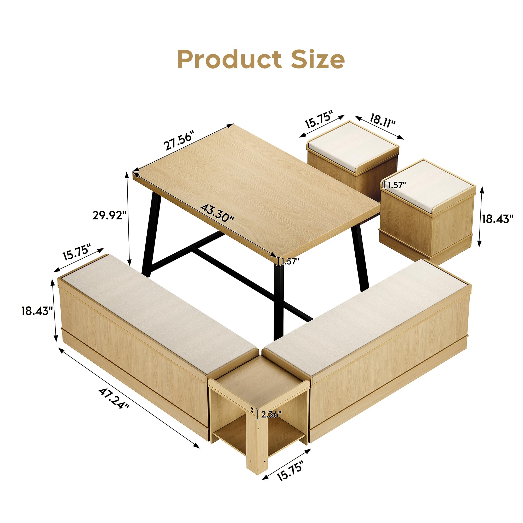 Brafab Corner Dining Table Set, 43 Inch Breakfast Nook Table Set with Bench with Hidden Storage & 2 Ottomans, 5-Piece Corner Bench Dining Table Set, Natural