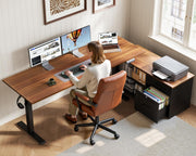 OffiGo 55 Inch L Shaped Electric Standing Desk with Drawers & File Cabinet Sets, Executive Sit Stand Desk, Height Adjustable Computer Desk for Home Office, Writing, Workstation, Walnut+Black
