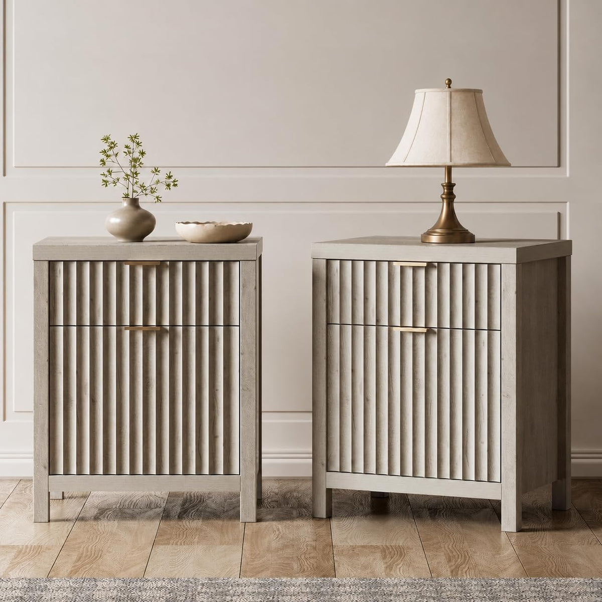 Fluted Nightstands with Charging Station, Set of 2