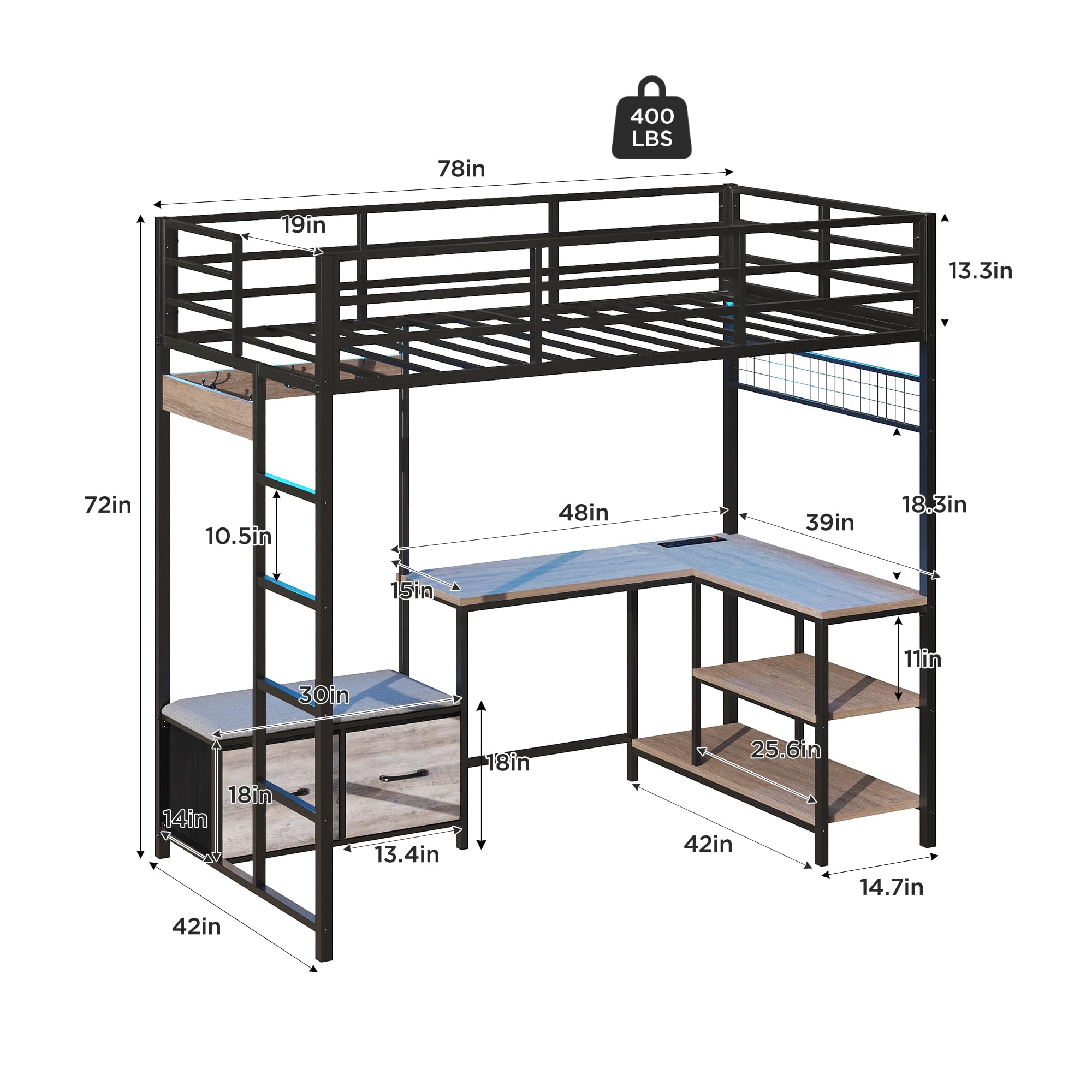 Vabches Twin Loft Bed with L-Shaped Desk,LED Lights,Charging Station,Metal Kids Loft Bed Twin Size with Storage Drawers,Coat Rack,Safety Guardrail & Ladder for Teen,Gray