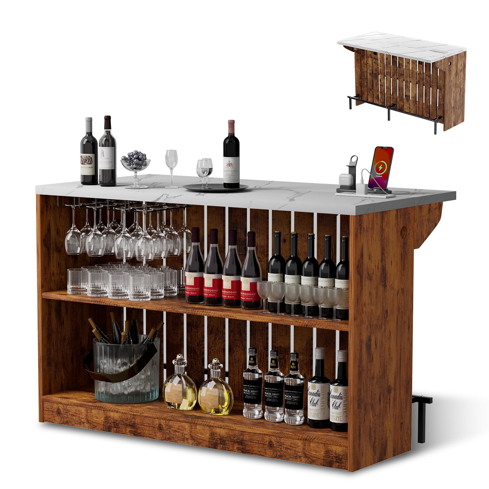 VAXZOFI Home Bar Unit with LED Lights and Charging Station, Imitation Marble Mini Coffee Bar Pub Table with 2-Tier Storage, Footrest, Drop Leaf Kitchen Islands for Dining Room, Bistro, Living Room