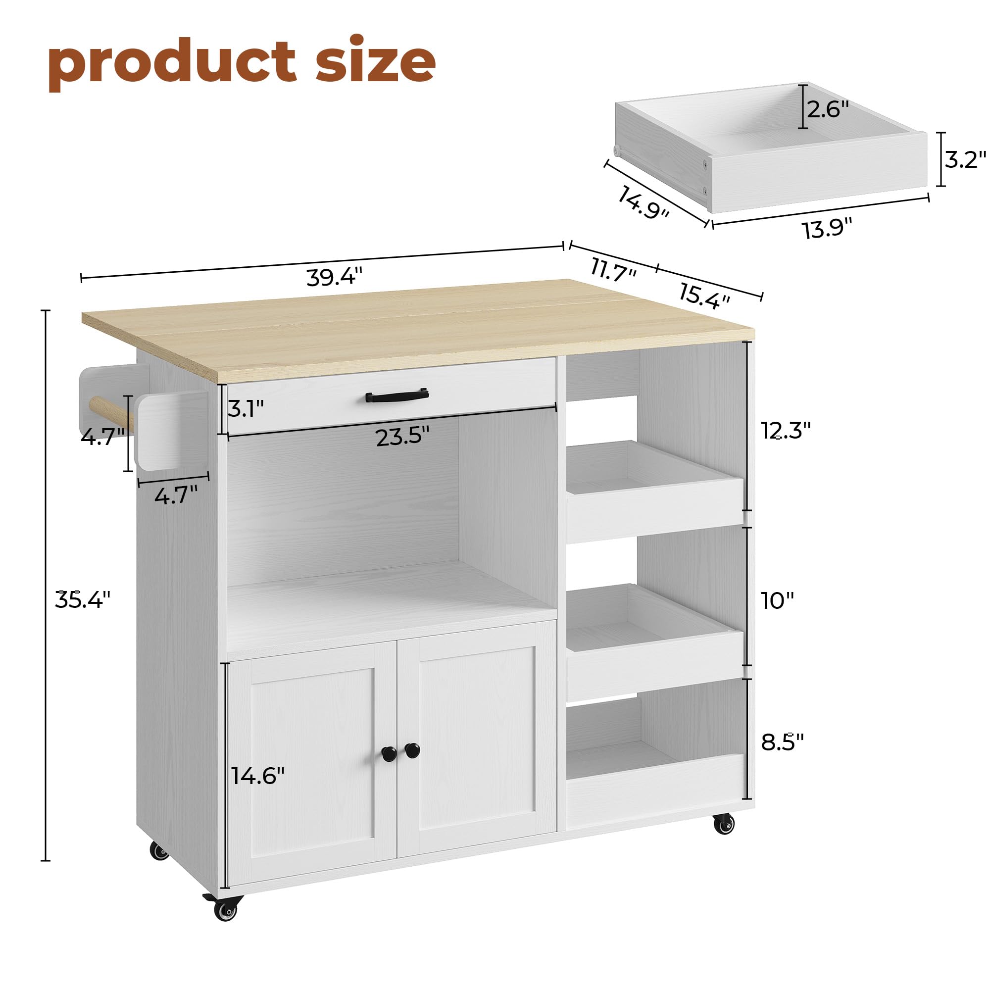 LIKIMIO Kitchen Island with Drop Leaf, Rolling Kitchen Island Cart on Wheels with Storage, Microwave Cart with Pull Out Open Shelves and Drawer, Mobile Kitchen Storage Islands, White