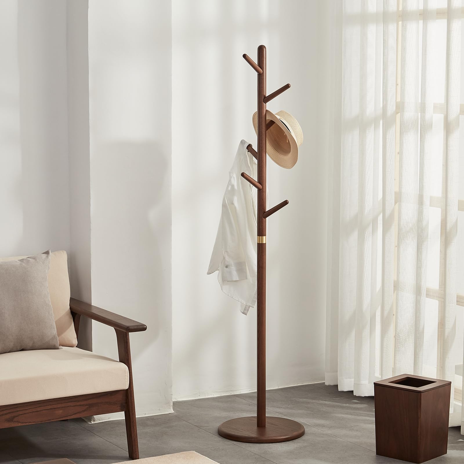 Wooden Freestanding Coat Rack with 6 Hooks