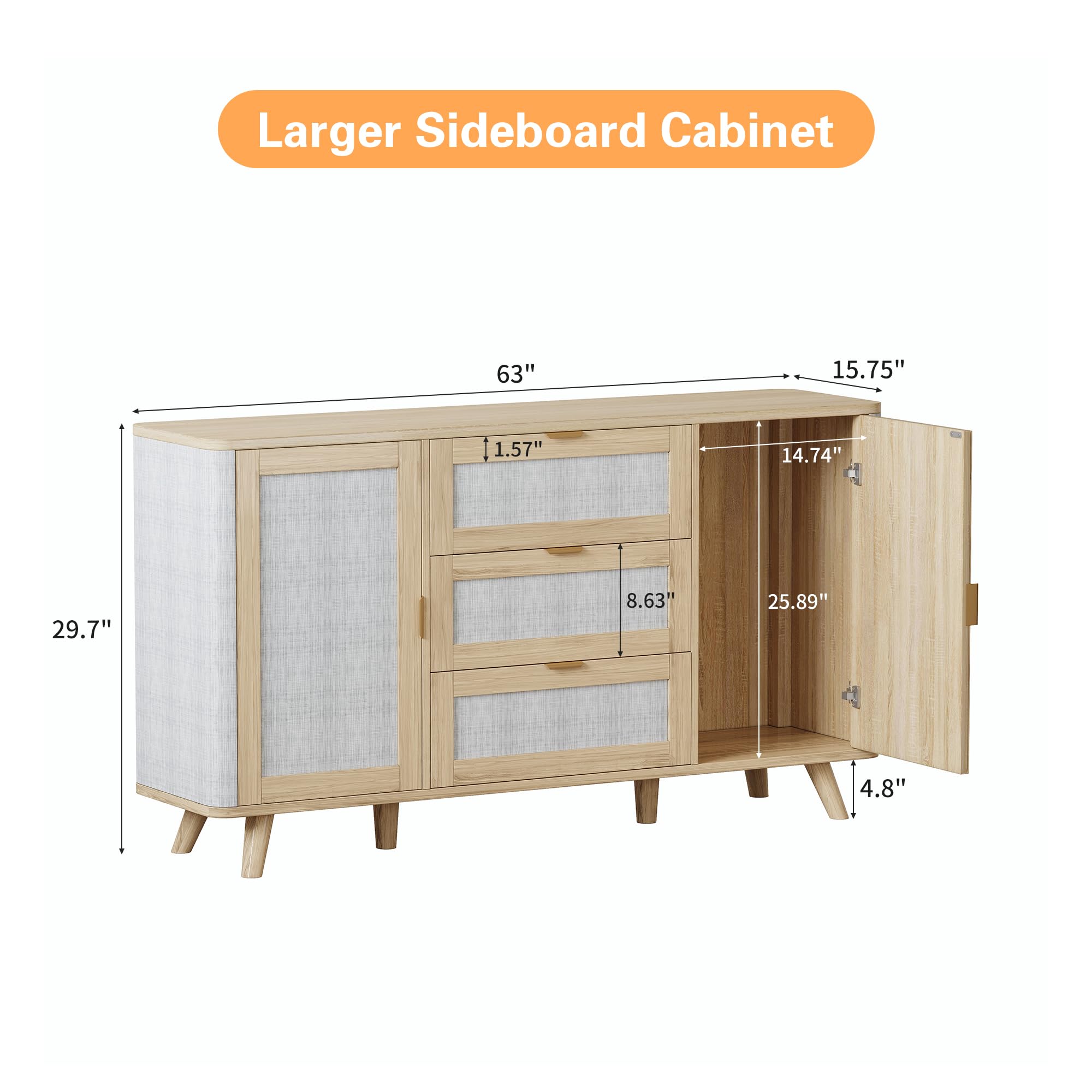 FAVSH 63" Large Farmhouse Storage Cabinet with 3 Drawers 2 Doors, Wood Buffet Sideboard Cabinet Coffee Bar for Kitchen, Living Room