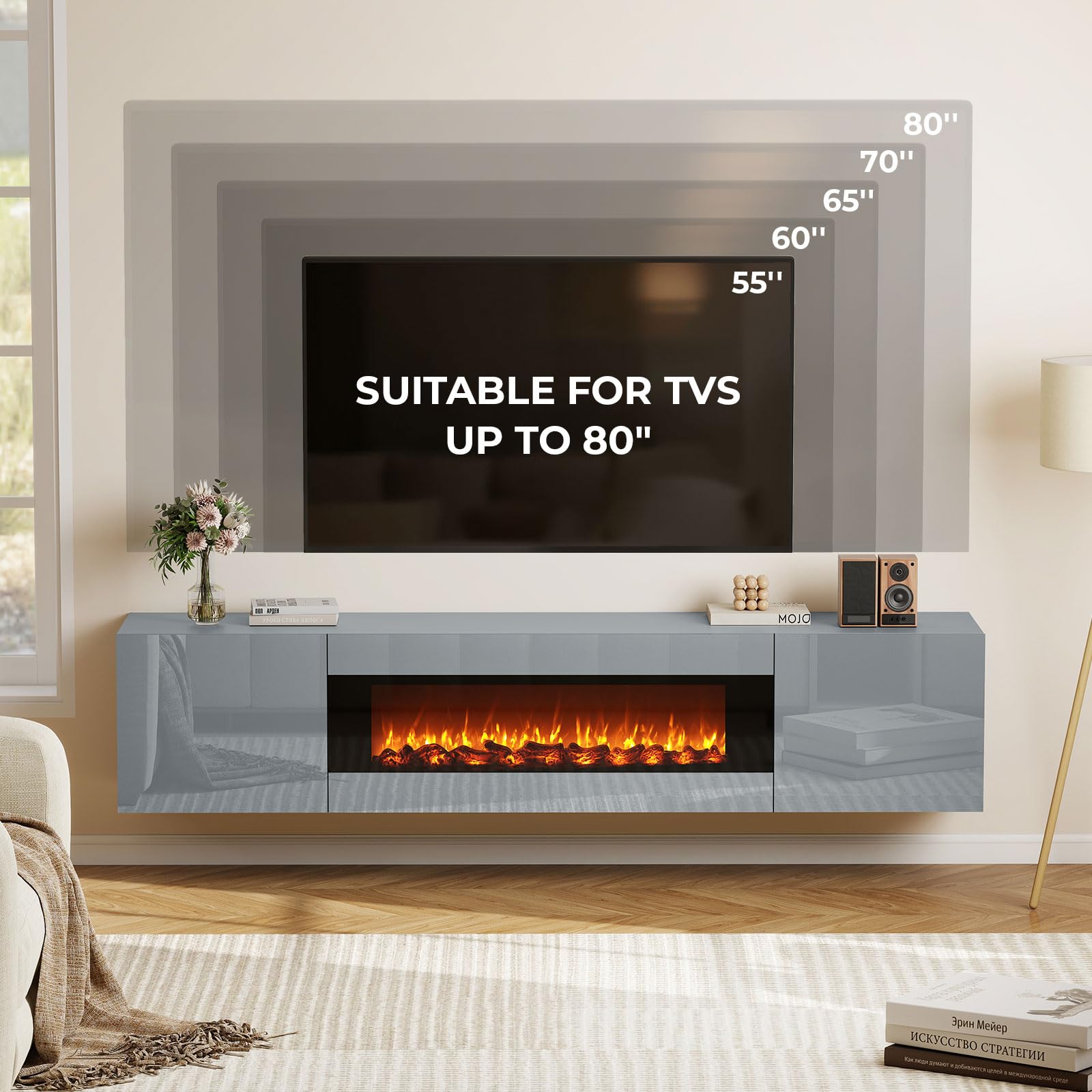 BREEZEHEAT 70'' Floating TV Stand with Fireplace, Modern Wall Mounted Entertainment Center for TVs Up to 80", High Gloss Media Console for Living Room, Decorative Faux Fireplace, Remote Control, Grey