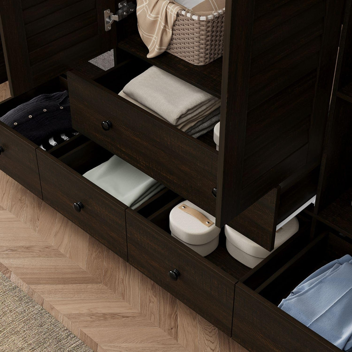 Brown Louvered Wardrobe with Drawers