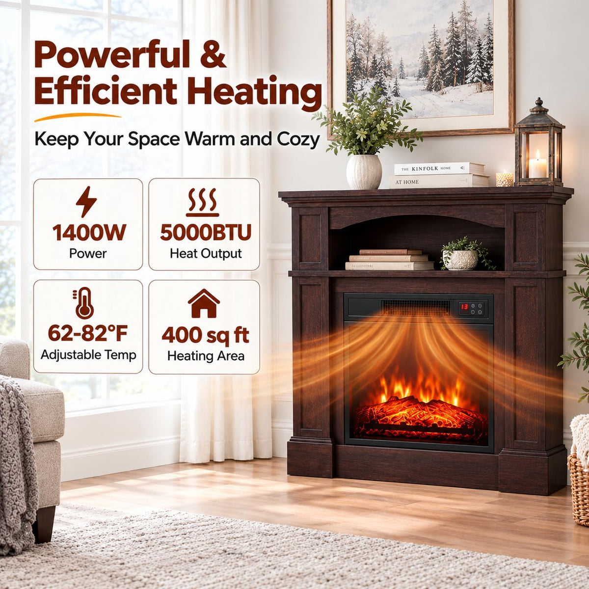 SIMOE 32-Inch Electric Fireplace with Mantel, Storage Cabinet, Brown