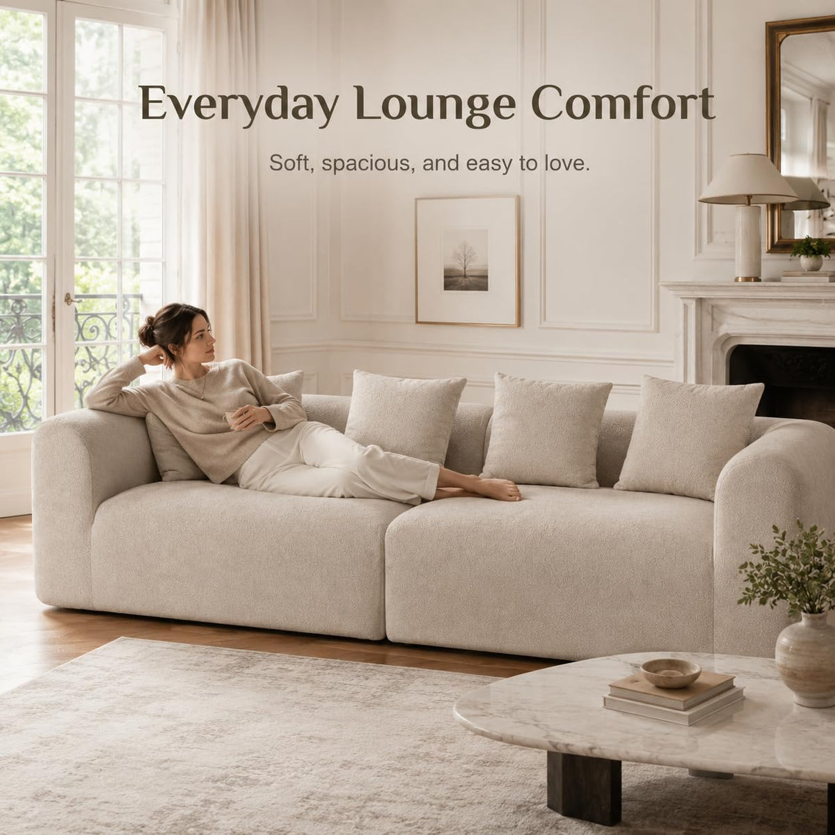 120" Curved Sofa Sectional Modern Boneless Cloud Couch, Light Brown