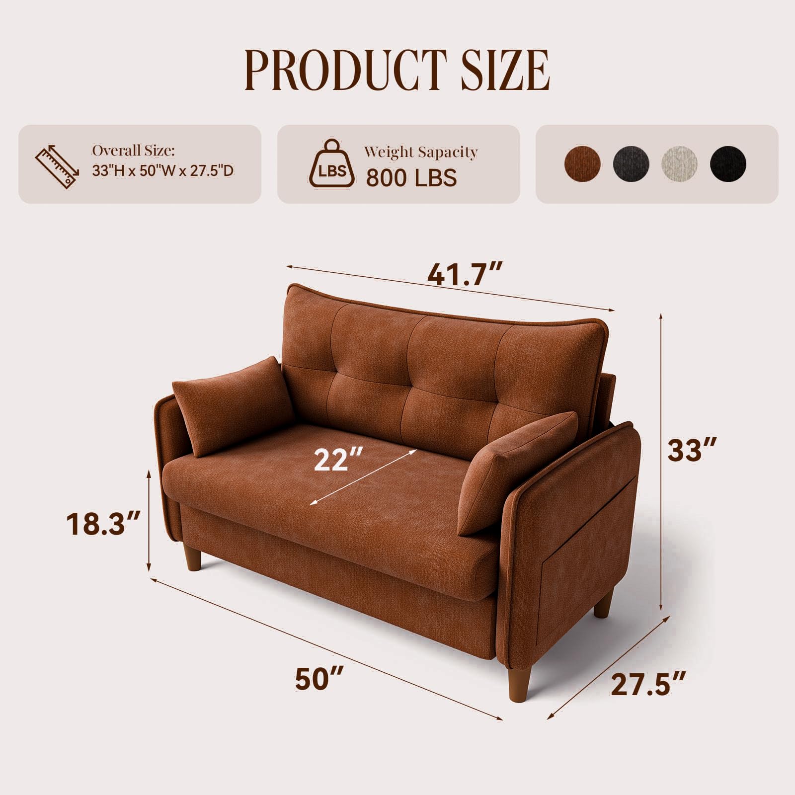 TROMIRY 50" Mini Loveseat Couch for Small Space Tufted Love Seat Sofa for Bedroom and Apartment | Small Couches Brown