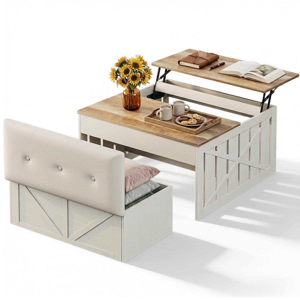White Lift-Top Coffee Table with Storage Bench