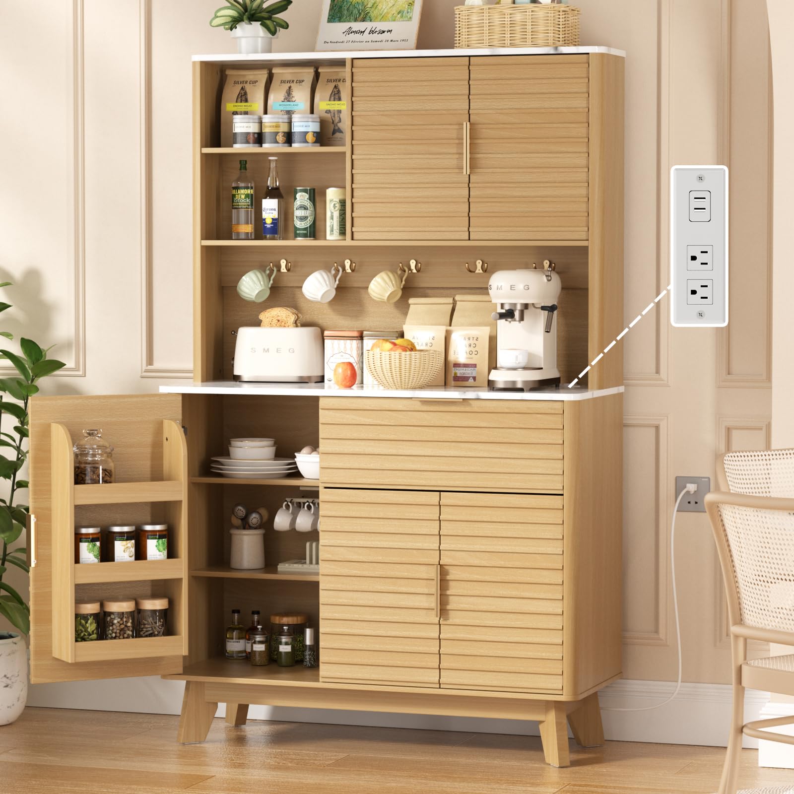 Vabches 65” Kitchen Pantry Storage Cabinet, Fluted Kitchen Hutch Cabinet with 4 Charging Stations and Large Countertop, Open Shelves & Drawers for Dining Room, Living Room,Modern, Natural