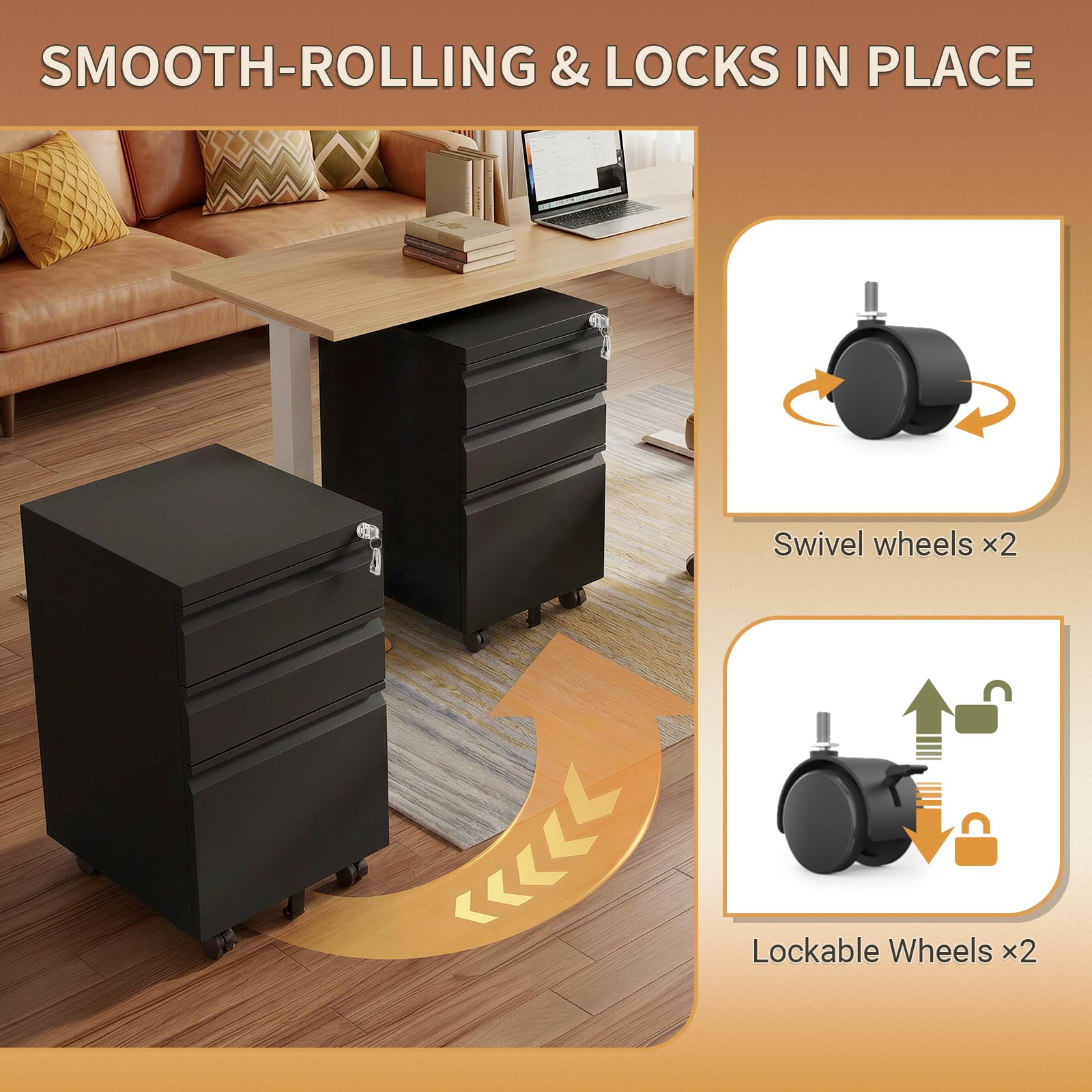 3-Drawer Locking Metal Filing Cabinet with Wheels