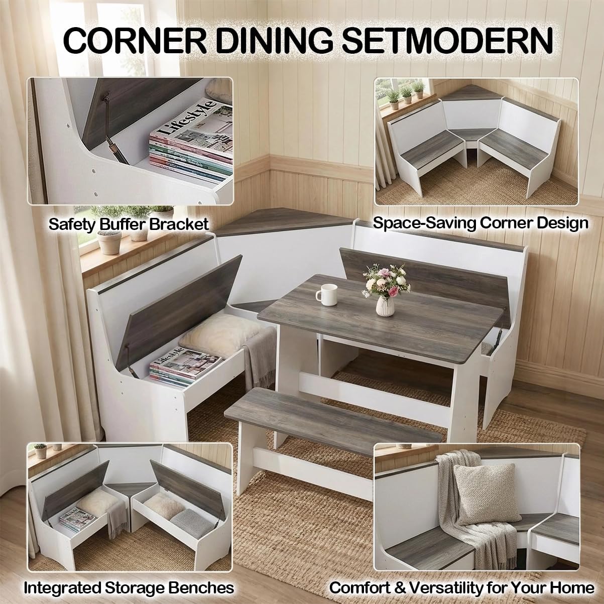 THE CARY C Farmhouse Breakfast Nook Table Set, Dining Nook Set with Corner Bench,with Storage Function Mid Century Modern Small Dining Table Set, Kitchen Table Corner Set (Gray + White)